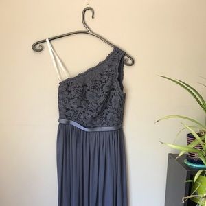 David’s Bridal , lace one shoulder graphite